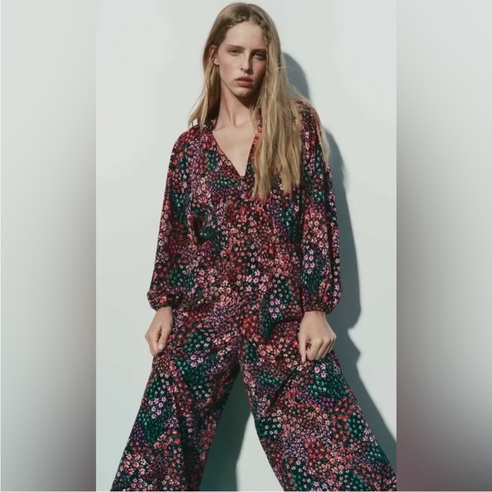 Zara Floral Print V-Neck Jumpsuit in Dark Green, Pink and Red